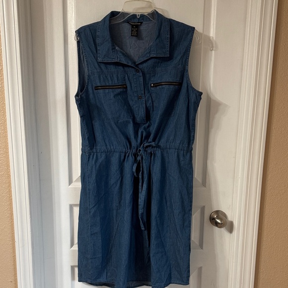 Sleeveless Chambray Dress with Drawstring Waist - Picture 3 of 3